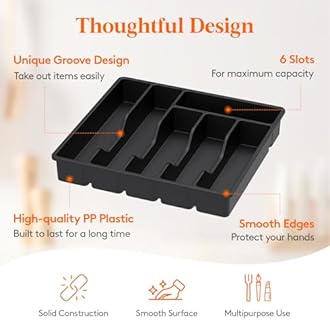 Lifewit Silverware Drawer Organizer Tray, Plastic Cutlery Storage for Kitchen, Flatware and Utensil Holder Divider for Spoons Forks Knives Tableware, 12.4 x 11.7", 6 Slots, Black