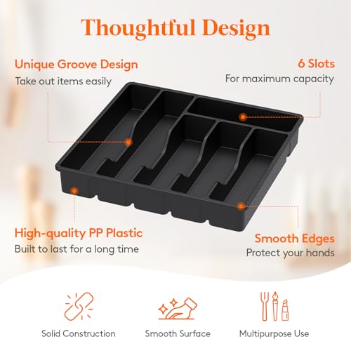 Lifewit Silverware Drawer Organizer Tray, Plastic Cutlery Storage for Kitchen, Flatware and Utensil Holder Divider for Spoons Forks Knives Tableware, 12.4 x 11.7", 6 Slots, Black