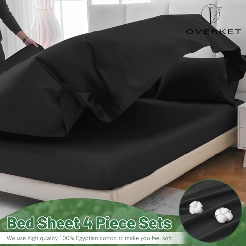 Image of 1000 Thread Count Egyptian Cotton Sheets Queen Size Set 4PCS Sateen Weave Soft Breathable 16-Inch Deep Pocket(Queen,Black)