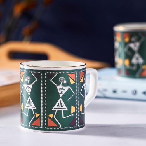 Image of GOLDEN QUEEN'S Handcrafted Tea Cups - Set of 6 | Ideal for Everyday Tea and Coffee, Enhancing Your Daily Rituals (Tribal Rhythm in Green)