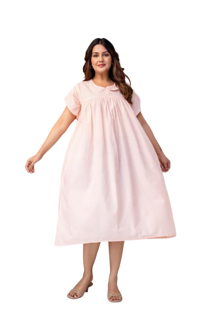 ANNA MONNA Maternity Dress for Women Cotton A-Line Midi Nighty with Collar Short Sleeves Loose Fit Pregnancy Feeding Frien...