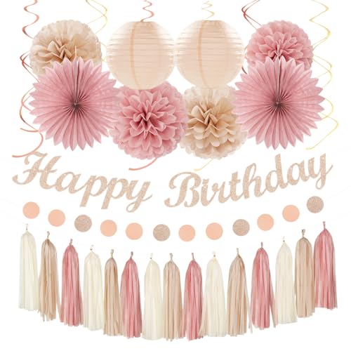 Blush-Pink Champagne Beige Happy-Birthday Party-Decorations - 31pcs 15th Women Girls Paper Lanterns Streamers Banner Rose Gold Tissue Flowers Pom Poms Fans Tassels Graland Decor Supplies Hugmoon