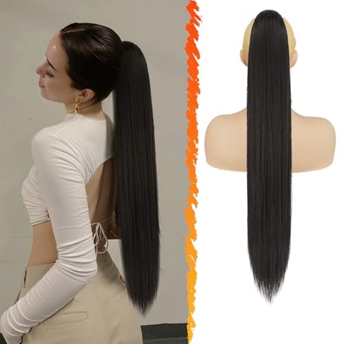 BARSDAR Largo Liso Cola de Caballo Extensiones - 76cm Negro Extensiones de Pelo Coleta con Cordón Sintetico Cola de Caballo Postizos Clip in Postiza de Pelo para Mujer - Negro Natural