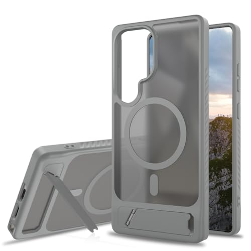 AIQIUQIU Magnetic Case for Samsung Galaxy S23 Ultra 5G [Compatible with Mag Safe][Built-in Invisible Kickstand] Mil-Grade Drop Protection Adjustable Kickstand Translucent Matte Cover Gray