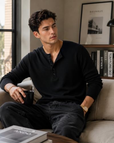 Image of NETCLICK Men's Textured Fabric Solid Half-Open Collar T-Shirt | Full Sleeve, Casual
