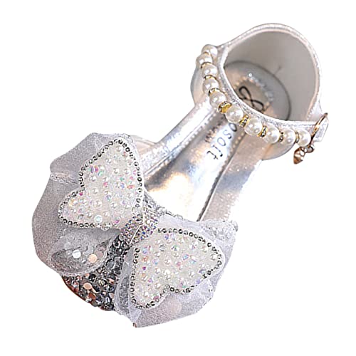 Princess Sandals For Girls Spring And Summer Girls Sandals Dress Dance Performance Princess Shoes Pearl Mesh Bow Shoes (b-Silver, 8.5 Toddler)