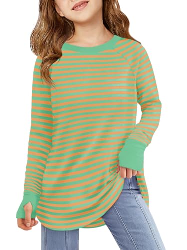 Image of Haloumoning Girls Striped Long Sleeve Shirts 5-14 Years | Thumb Hole, Crewneck, girls tops,Tunic Tops, Curved Hem Tees