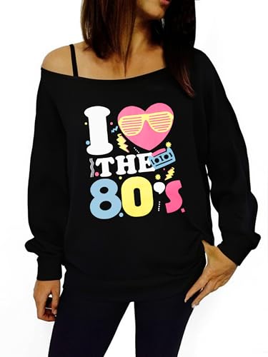 Women 80s Shirts 80's Off The Shoulder Party Tops 1980S Womens Disco Graphic Outfits Oversized Long Sleeve Tee Casual Costume Themed Tshirts