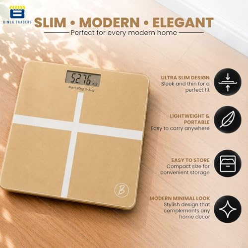 Image of Btag Premium Digital Body Weight Scale | 26x26 cm Wide Platform | Clear LCD Display | Anti-Skid Base | 180 kg Capacity Cross Design (Camel)