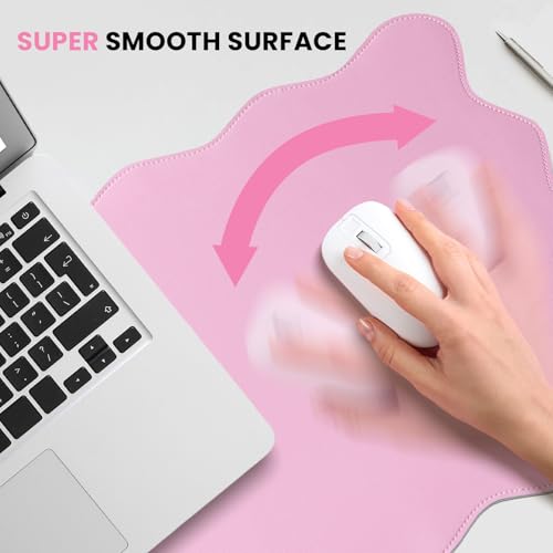 Image of PU Leather Desk Pad, Scalloped Non-Slip Mouse Pad & Large Desk Mat Cover Stitched Edges Writing Pad for Office, Home - Waterproof, Easy to Clean, Durable Surface I 31.4 inchx15.7 inch, Pink