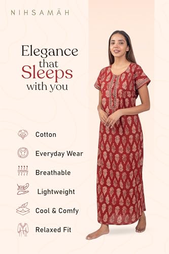 Image of NIHSAMAH Cotton Nighty for Women with Pocket, Premium Printed Long Nighty | Comfortable & Fancy Sleepwear /Nightwear