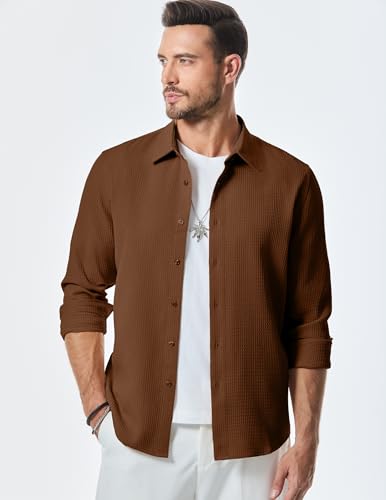 JMIERR Mens Shirt Waffle Button Down Shirts Long Sleeve Casual Work Dress Shirt3