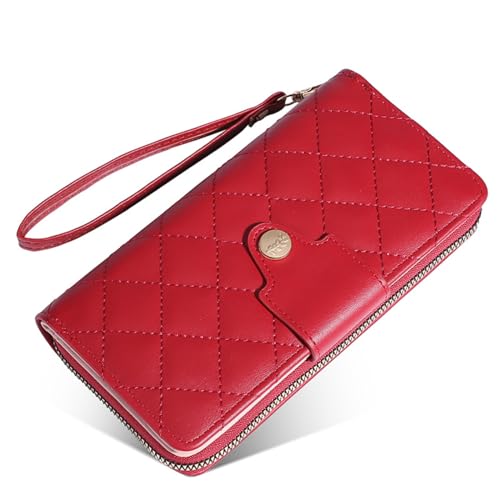 Women Wallet Long PU Leather with Zipper And Button Closure Card Slots Bracelet Coin Pouch (Red)