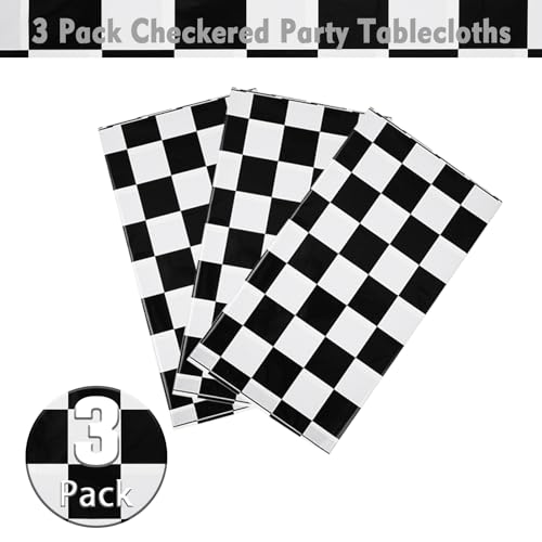 Image of Kesfey 3 Packs Black and White Checkered Tablecloths 54 x 108 Inches Disposable Plastic Checkered Flag Racing Table Cover Waterproof Rectangle Race Car Table Cloth for Picnic Party Retro Celebration