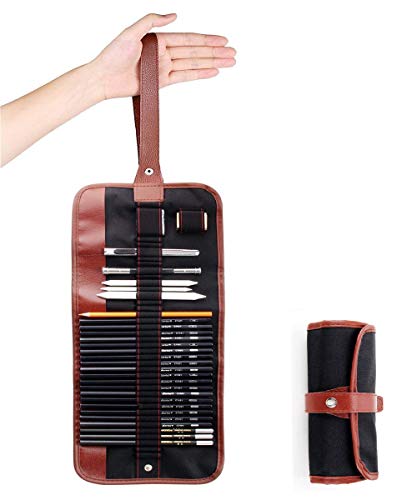 Sketching Pencil Set,18pcs of Pen Charcoal Sketch Set of Pencils Eraser Craft Knife Pencil Extender Roll up Canvas Carry Pouch Pro Art Supply for Beginners Artist