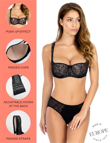 Image of Rosme Women's Balconette Bra with Push Up Effect Plus Size Sexy Lace Demi Half Cup Bra Underwired Low Cut Mesh Bras Grand