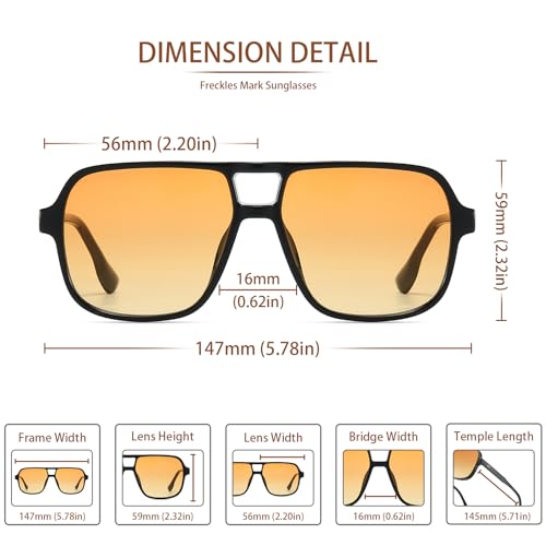 Freckles Mark Retro Aviator Sunglasses for Mens Womens Double Bridge Vintage 70s Square Glasses F97573