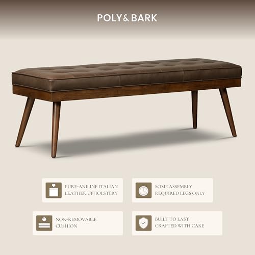 Image of Poly & BARK 55 inch Tufted Leather Bed Bench for Bedroom End of Bed - Living Room Entry Way Bench - Pure Italian Leather Upholstery with a Solid Wood Frame - Ottoman Bench with Wooden Legs - Cocoa Brown