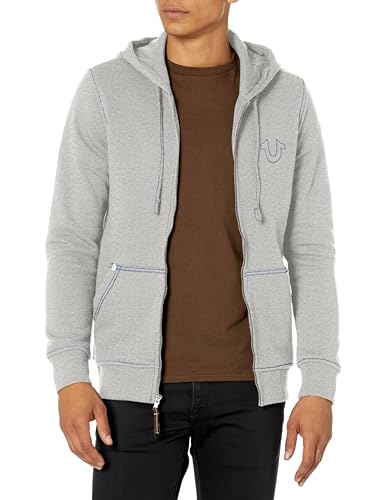 True Religion Brand Jeans Men's Big-T Zip Up Logo Hoody, Heather Grey, Medium