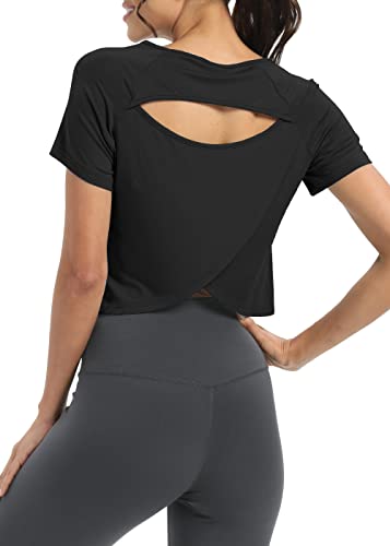Bestisun Women Short Sleeve Cross Back Workout Crop Tops Backless Yoga Athletic Gym Shirts3