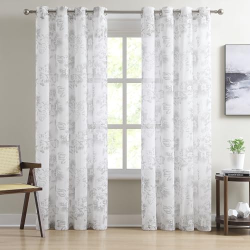 Image of Warm Home Designs 96 Inch Embroidered Charcoal Floral Curtains. FL Charc 96