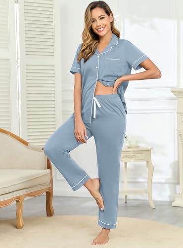 Image of Veseacky 100% Cotton Pajamas for Women Set Short Sleeve Button Down Sleepwear Soft 2 Piece Summer Pjs Lounge Sets S-XXL