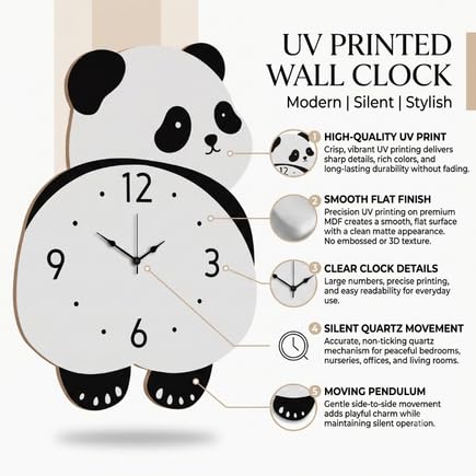 Image of Bamboo Bear Design Pendulum Wall Clock for Kids Room, Decorative Analog Timepiece with Swinging Element, Animal Theme Home Accent for Bedroom, Nursery, Playroom, Study Area and Indoor Decor