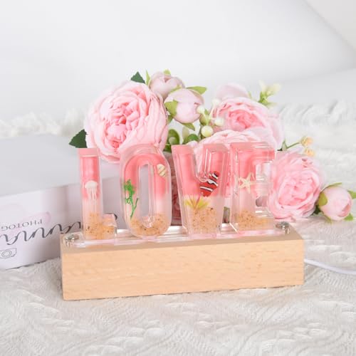 Image of Floral Letter LED Night Light: Resin Dried FlowerLetters Lamp with USB - Handmade Pressed Flower Nightlight Unique Customized Gift for Home Decoration (Pink, 1)