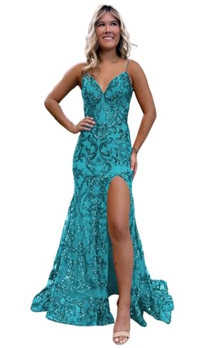 Image of RSOETOO Sparkly Sequin Prom Dresses 2026 with Slit Lace Mermaid Formal Evening Gowns for Women RON058