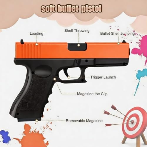 Image of Toy Gun Glock 18 Style Orange and Black | Includes Magazine, Silencer, Shell Casings, Soft Bullets, 12 Years and Up, Shell Ejection Feature