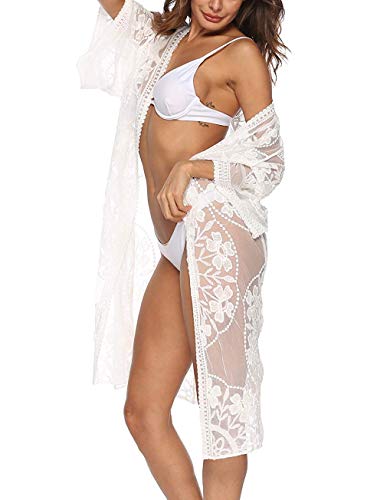 Women’S Bathing Suit Kimono Beach Cover Up Lace Crochet Pool Swimwear - Thumbnail 3