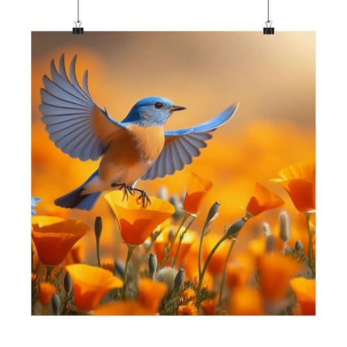 A Western Bluebird Flitting Near California Poppies Matte Poster 18x18 Made in USA