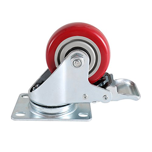 Image of DICASAL 3 Inch Swivel Casters with Brakes, Heavy Duty Plate Casters No-Marking Quiet Red PU Castor Load Upto 1200 Lbs Pack of 4.