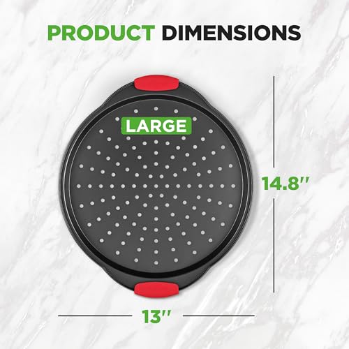 Image of NutriChef Pizza Tray Nonstick Pizza Baking Pan with Perforated Holes, 13-Inch - Round Carbon Steel Premium Bakeware Pizza Screen with Silicone Grip Handles, Dishwasher Safe - Grey