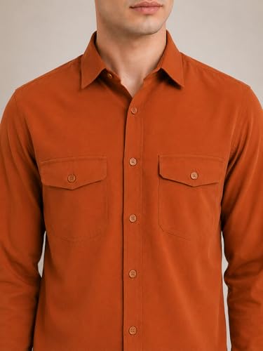 Image of Veirdo Men's Pure Cotton Utility Shirt | Full Sleeve Casual Button-Down with Dual Chest Pockets | Stylish & Comfortable Everyday Wear | Colors: Beige, Black, Maroon, Olive, Rust & White