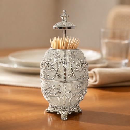 Image of Luxury Decorative Toothpick Holder for Dining Table - Handmade Faberge-Style Gold White Enamel Ornate Victorian Egg Shape Toothpick Dispenser Box | Unique Housewarming Wedding Gift