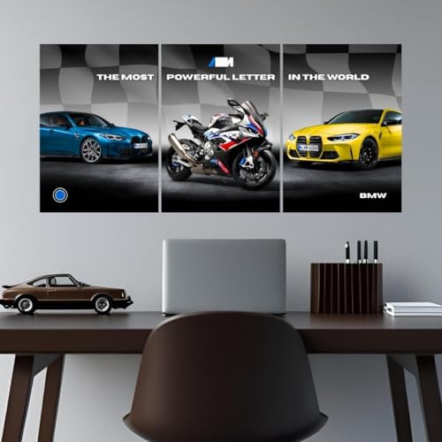 Image of BMW S1000RR Poster | BMW M4 Poster Split Design Cars | M1000RR 3 A3 Sized Car Posters for Wall | Large Size (89 x 42 cm) Sportscar Superbike Wall Art | Bike M4 M3 Car Posters for Wall, Room, Study Table