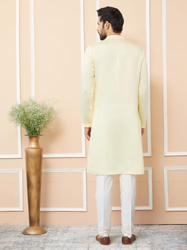 Image of See Designs Men's Long Sleeve Mandarin Collar Side Slit Off-White Embroidered Chanderi Silk Straight Kurta