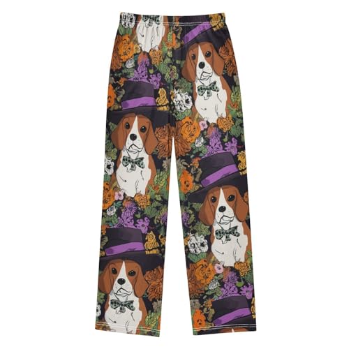 ZZXXB Halloween Beagle Flowers Boys Long Pants Soft Trousers Elastic Waist Kids Lounge Bottoms with Pockets S-XL2