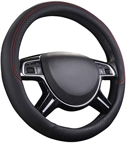 CAR PASS Rhombus Leather Universal Steering Wheel Cover, Fit for Suvs,Trucks,Cars,Sedans,Vans (Black&Red Stitch)