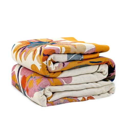 LUTBM Boho Throw Blanket for Couch 100% Cotton Soft Breathable Butterfly and Floral Embroidery Summer Throw Blanket,50'x60' All Season Reversible Throws for Sofa Chair Bohemian Decor for Livingroom