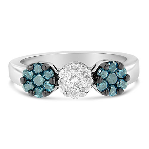 Original Classics 14K White Gold Treated Blue Round Diamond Floral Accent Ring (0.80 Cttw, Blue Color, I2-I3 Clarity) - Size 7-1/4