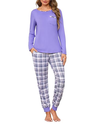 Leversic Schlafanzug Damen Lang Kariert Zweiteiliger Pyjama Set, Rundhals Oberteil und Schlafanzughose Loungewear Hausanzug Baumwolle Nachtwäsche,...