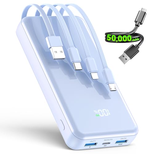 Portable 50,000 mAh Power Bank with Built-in USB-C Cable, 22.5W PD & 6 Ports