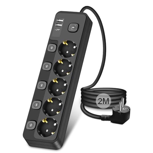Regletas Enchufes USB Multiple con 5 Toma y 3 USB Puertos, Regleta USB con Interruptor Individual, Regleta con Proteccion Sobretension para Familia, Cocina y Oficina,Cable 2M