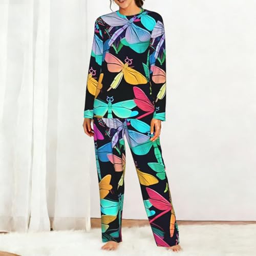 Pyjama extensible femme manches longues doux imprimé libellules mignonnes