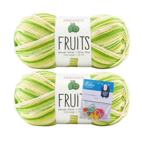 Image of Premier Yarns Fruits, Acrylic Sock Yarn, 2-Pack Bundled with Bella's Crafts Stitch Markers (Lime)