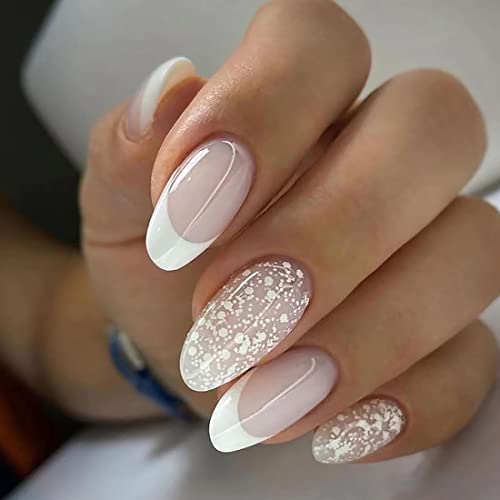 Daterkey 24 Uñas postizas ovaladas francesas color rosa desnuda Uñas postizas a rayas de lámina dorada con estampado de leopardo copo de nieve a presión para mujeres y niñas (B) Cover