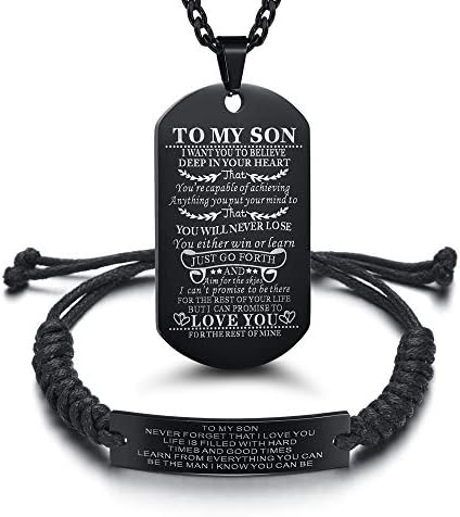 Butishop Son Gift Personalized Braided Bracelet from Mom and Dad with Dog Tag Necklace You Will Never Lose Birthday Graduation Valentines Gifts Black Stainless Steel