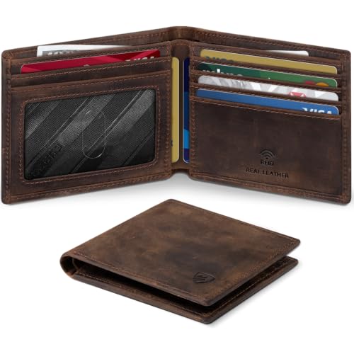 RUNBOX Genuine Leather Bifold Wallet for Men - RFID Blocking Slim Wallet with 9 Card Slots, 1 ID Window & Bill Compartment - Gift Box Packaging
